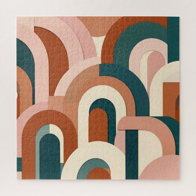 Moderne Terrakotta-Rosa Türkis Geometrischer Bogen Puzzle (Vertikal)