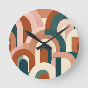 Moderne Terrakotta-Rosa Türkis Geometrischer Bogen Runde Wanduhr