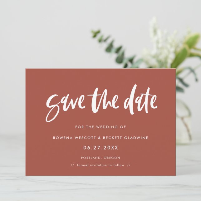 Moderne Terrakotta Save The Date (Stehend Vorderseite)