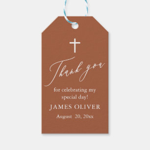 Moderne Terrakotta Weiße Kreuz Taufgeschenk Tags Geschenkanhänger