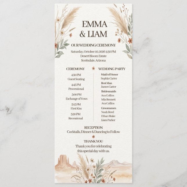 Moderne Terrakotta-Wüsten-Boho-Hochzeitsprogramm Programm (Vorderseite)
