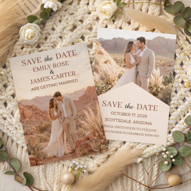 Moderne Terrakotta-Wüsten-Boho-Save-the-Date-Karte Save The Date (Von Creator hochgeladen)