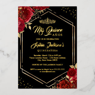 Moderne Tiara Floral Rot Gold Quinceanera Folieneinladung