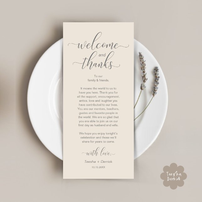 Moderne Tischplatzierung dank Karte (Modern Wedding Dinner Brunch Lunch Table Place Setting Thank You Card in Classy Cream Grey)