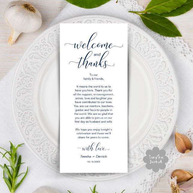 Moderne Tischplatzierung dank Karte (Modern Wedding Dinner Brunch Lunch Table Place Setting Thank You Card in Classy Navy Blue)