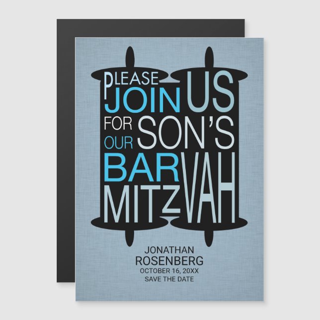 Moderne Torah Bar Mitzvah Grau Blau Magneteinladung (Vorne/Hinten)