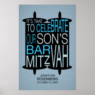 Moderne Torah Bar Mitzvah Poster Grau und Blau