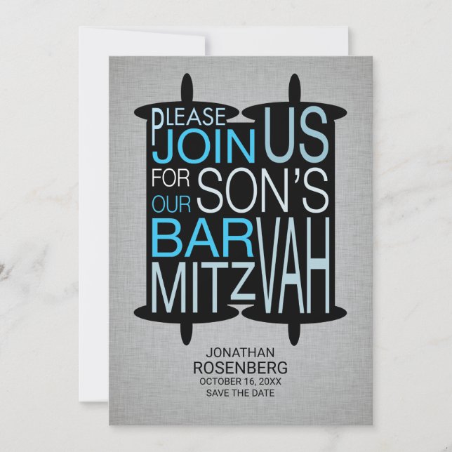 Moderne Torah Bar Mitzvah Save the Date Grau Blau (Vorderseite)