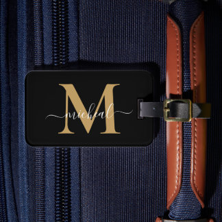 Moderne Toskana Gold & Schwarz Monogramm Schrift N Gepäckanhänger