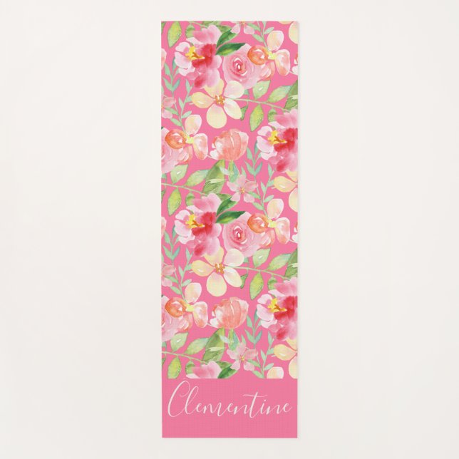 Moderne Trendfarben Rosa Rose Floral Wasserfarbe Yogamatte (Vorderseite)