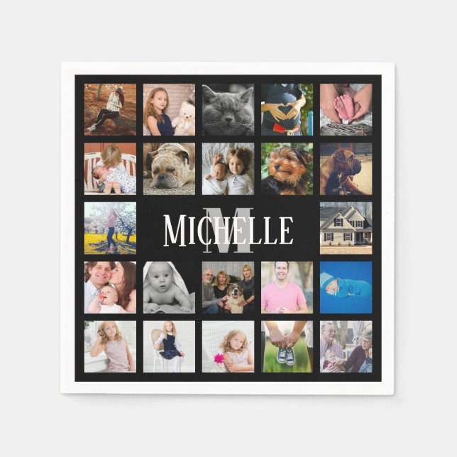Moderne, trendige 22-Familie Foto Collage & Name Serviette (Vorderseite)