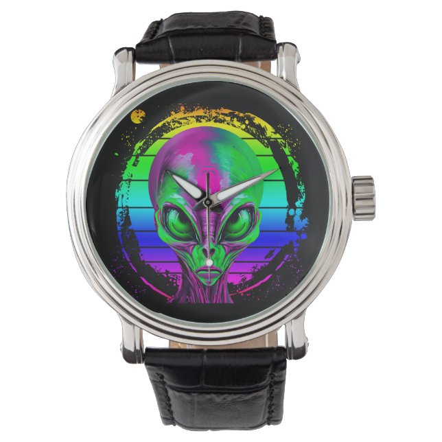 Moderne trendige Alien mit farbenfrohen Regenbogen Armbanduhr (Vorderseite)
