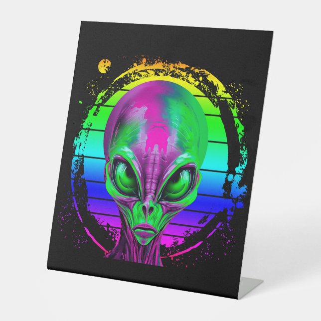 Moderne trendige Alien mit farbenfrohen Regenbogen Sockelschild (Vorderseite)