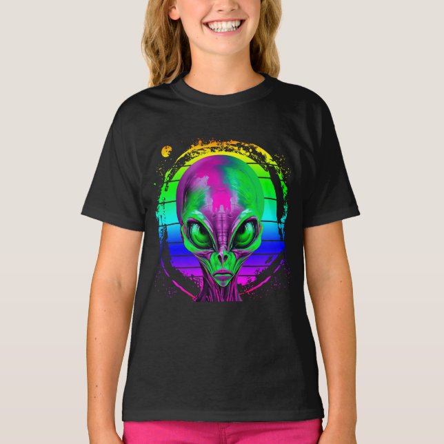 Moderne trendige Alien mit farbenfrohen Regenbogen T-Shirt (Vorderseite)