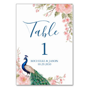 Moderne trendige Aquarell-Pfauen-Blumen-Hochzeit Tischnummer