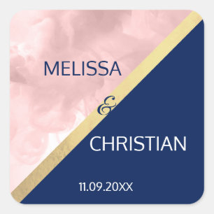 Moderne trendige Blush Pink Navy Blue Gold Hochzei Quadratischer Aufkleber