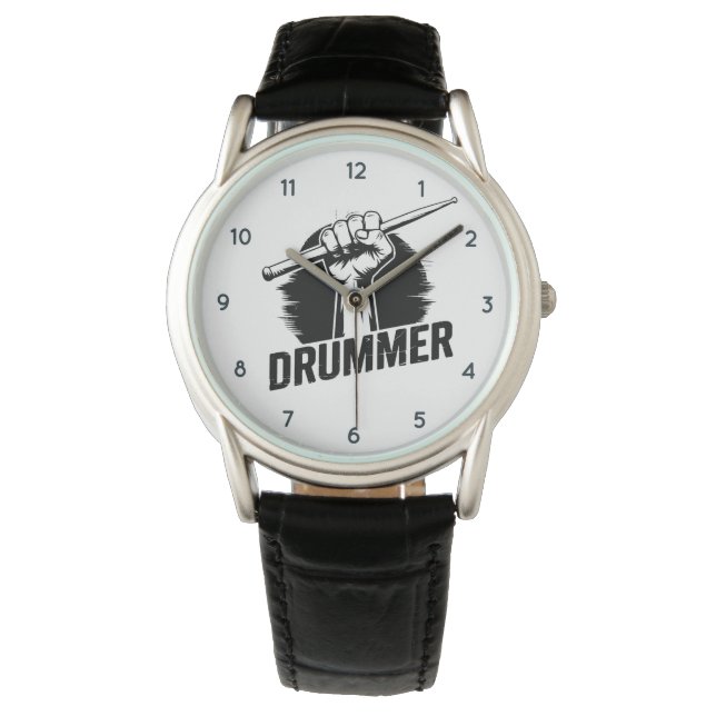 Moderne trendige Drummerfaust mit Drumsticks Armbanduhr (Vorderseite)