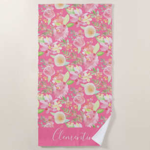 Moderne trendige, gelb-rosa Floral Wasserfarbe Strandtuch
