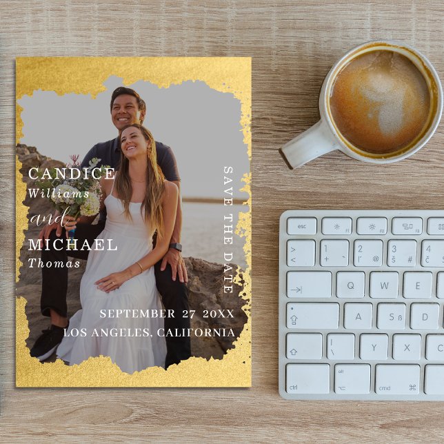 Moderne, trendige Goldrahmen-Foto-Hochzeit Save The Date (Von Creator hochgeladen)