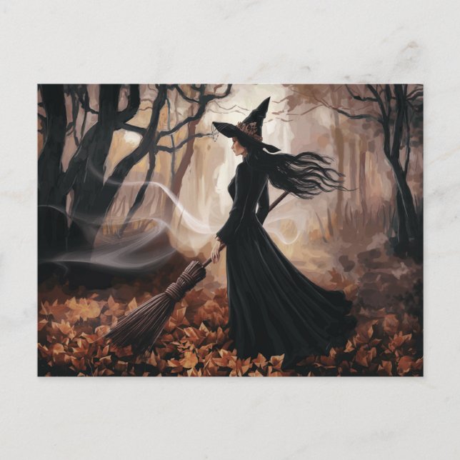 Moderne trendige Halloween-Hexe im Wald Postkarte (Vorderseite)