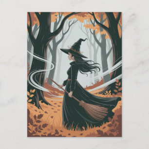 Moderne trendige Halloween-Hexe im Wald Postkarte