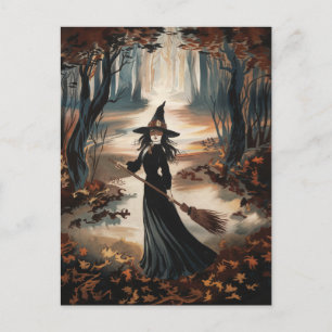 Moderne trendige Halloween-Hexe im Wald Postkarte