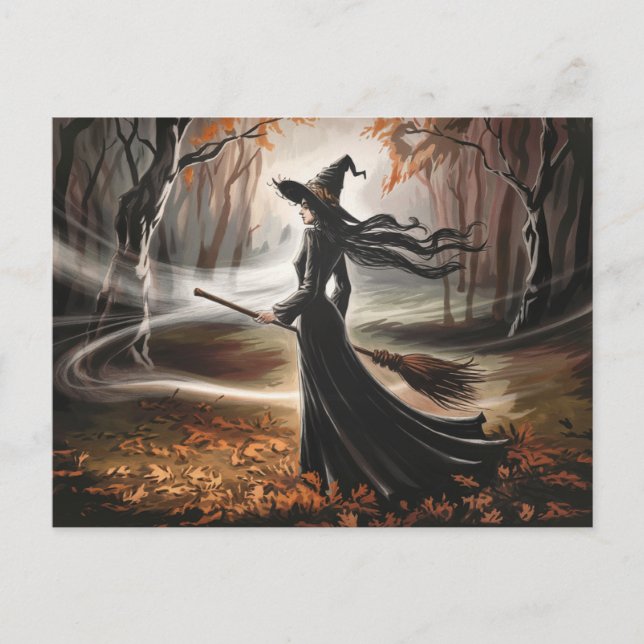 Moderne trendige Halloween-Hexe im Wald Postkarte (Vorderseite)