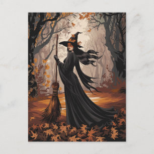 Moderne trendige Halloween-Hexe im Wald Postkarte
