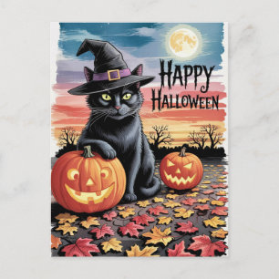 Moderne trendige Halloween-Kürbisse und schwarze K Postkarte