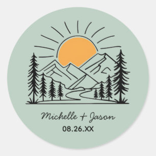 Moderne trendige Linienkunst Berge Hochzeit        Runder Aufkleber