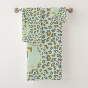 Moderne trendige Minz-Gold-Leoparden-Muster-Monogr Badhandtuch Set