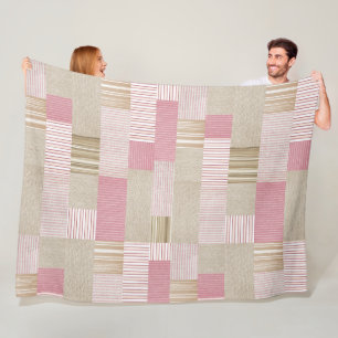 Moderne trendige Patchworkdecke rosa beige Streife Fleecedecke