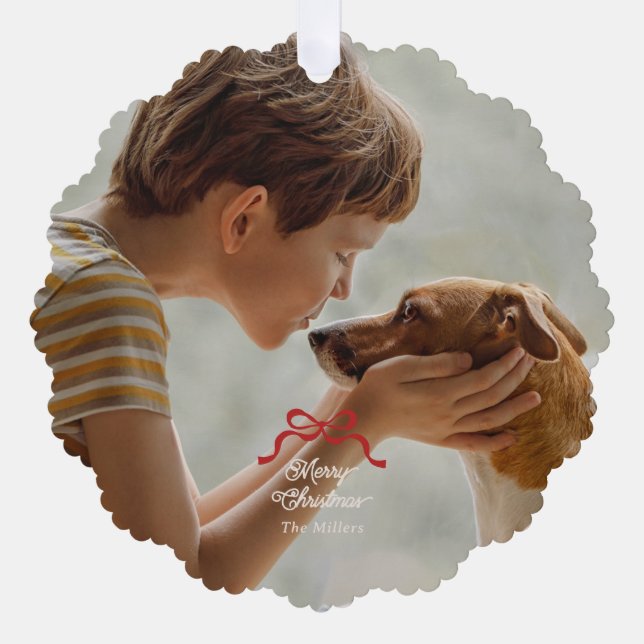 Moderne, trendige Red Retro Bows Foto Weihnachten Ornament Karte (Vorderseite)