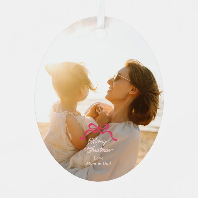Moderne, trendige Rosa Retro Bows Foto Weihnachten Ornament Aus Metall (Vorderseite)
