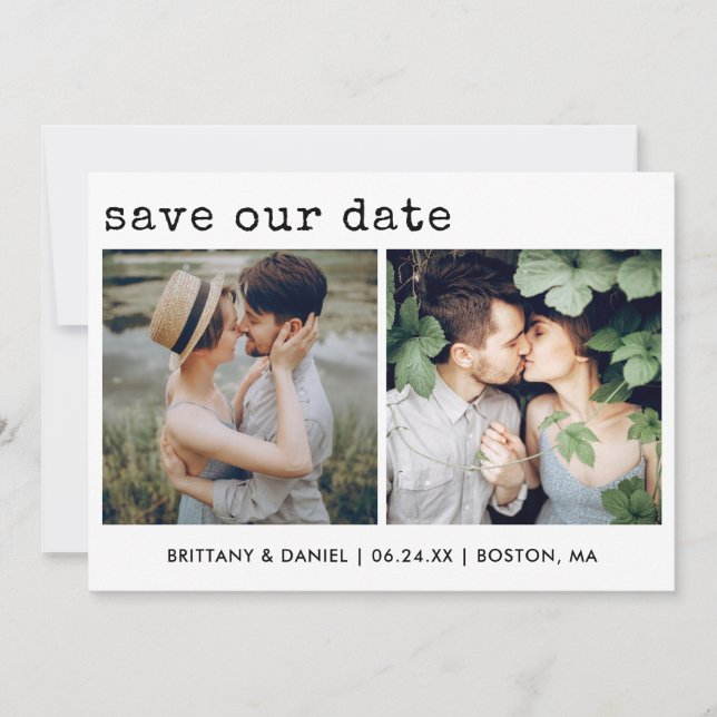 Moderne, trendige Schreibmaschine Text 2 Foto unse Save The Date (Vorderseite)