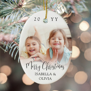 Moderne trendige Schrift Merry Christmas 2 Fotos O Keramik Ornament