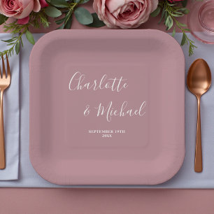 Moderne Trendige Staubige Rosen Schrift Hochzeit Pappteller