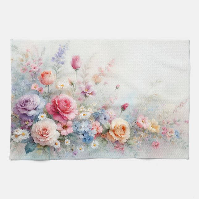Moderne trendige stilvolle Wasserfarben Blumen Geschirrtuch (Horizontal)