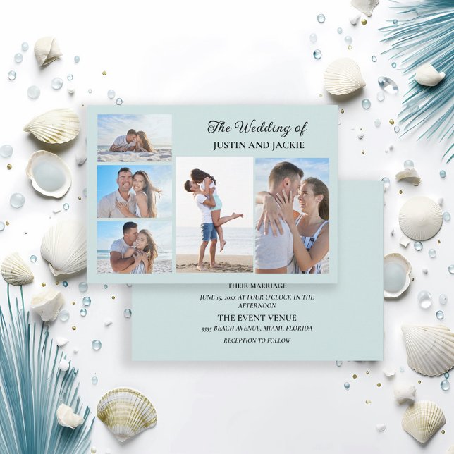 Moderne Trendy Blue 5 Foto Wedding Einladung (Blue 5-photo wedding invitation)