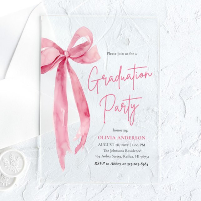 Moderne Trendy Blush Pink Bow Graduation Party Acryleinladungen (Modern Trendy Blush Pink Bow Graduation Party Acrylic Invitations)