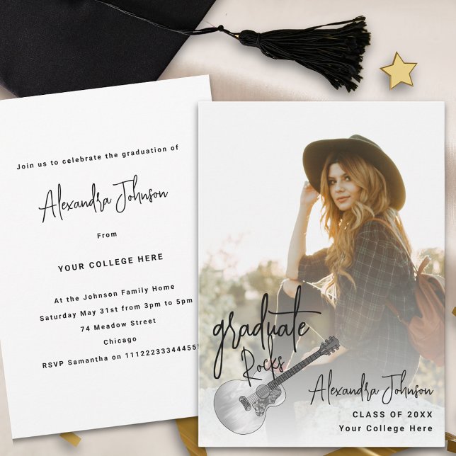 Moderne Trendy Foto Graduation Party Einladung (Modern trendy photo graduation announcement party rustic country guitar music theme)