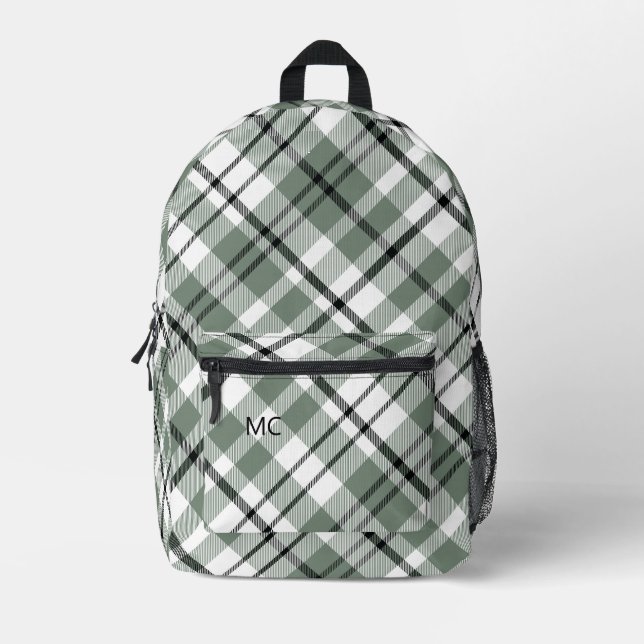 Moderne Trendy Green Karo Kariert Monogram Initial Bedruckter Rucksack (Vorderseite)