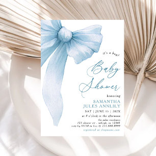 Moderne Trendy mit einer Baby Blue Bow Baby Dusche Einladung