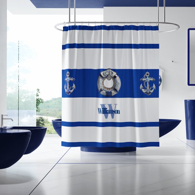Moderne trendy nautical Blue und White Long Duschvorhang (Von Creator hochgeladen)