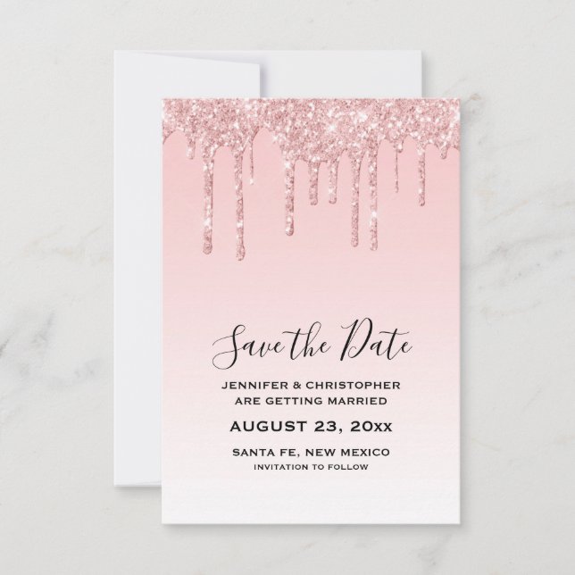 Moderne trendy Pink Imitate Glitzer Wedding Save The Date (Vorderseite)