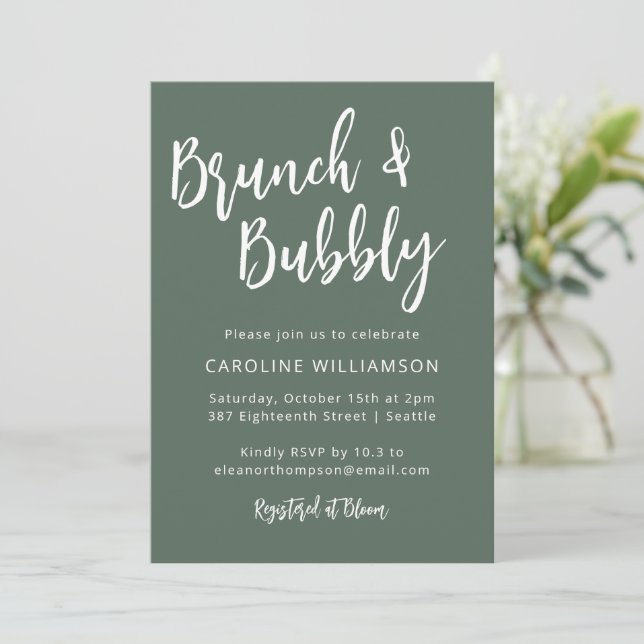 Moderne trendy Script Brunch Bubbly Showbühne Einladung (Stehend Vorderseite)