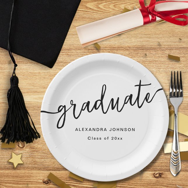 Moderne Trendy Script Graduation Party Pappteller (Modern trendy script black and white graduation party custom paper plate)
