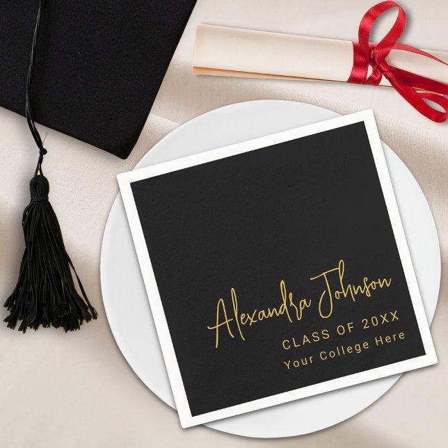 Moderne Trendy Script Graduation Party Serviette (Modern trendy script graduation party custom paper plate black and gold elegant minimalist chic)