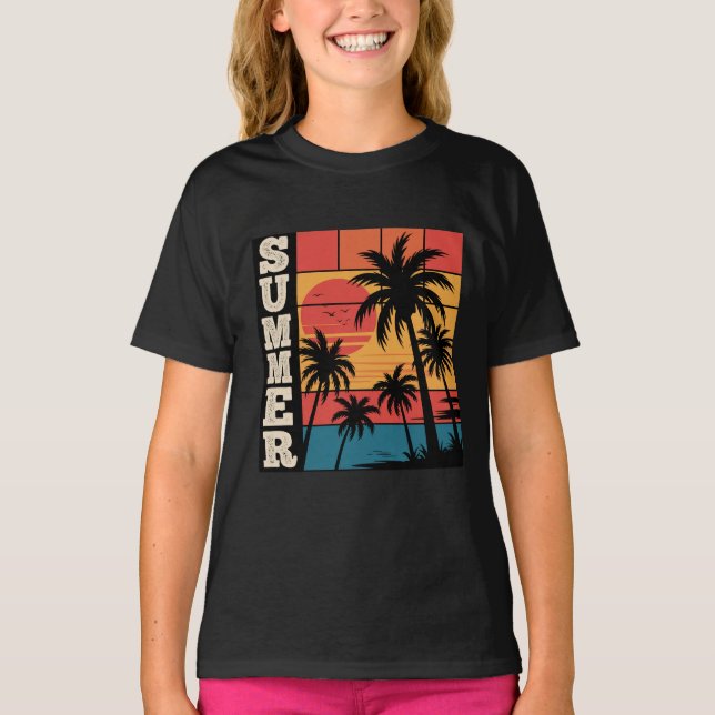 Moderne Trendy Summer Sunset Beach Palm Tree T-Shirt (Vorderseite)