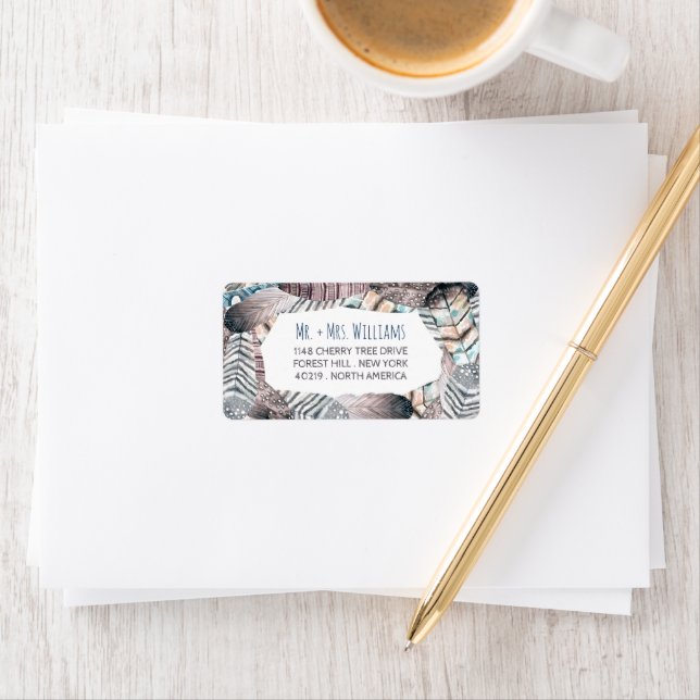 Moderne Tribal Feathers Bohemisch Hochzeit Adressaufkleber (Insitu)